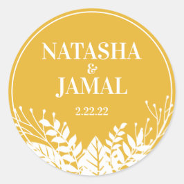 Moderne, elegante, weiße Blätter, Senfgelb Runder Aufkleber