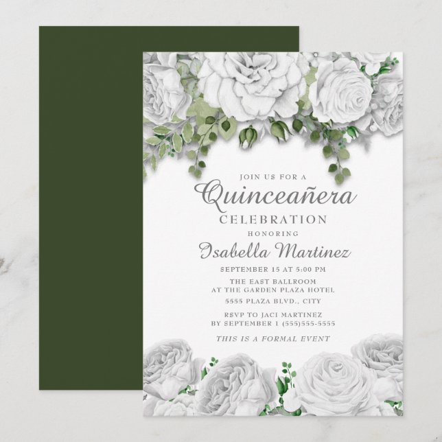 Moderne elegante weiße Blumengrün Quinceñera Einladung (Vorne/Hinten)