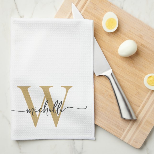 Moderne Elegante Weiße Gold Monogramm Name Schrift Geschirrtuch (Viertel Falte)