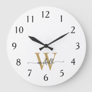 Moderne Elegante Weiße Gold Monogramm Name Schrift Große Wanduhr