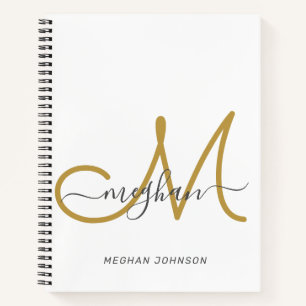 Moderne Elegante Weiße Goldene Schrift Monogrammie Notizbuch
