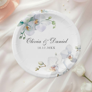 Moderne elegante weiße Orchideen-Hochzeit Pappteller