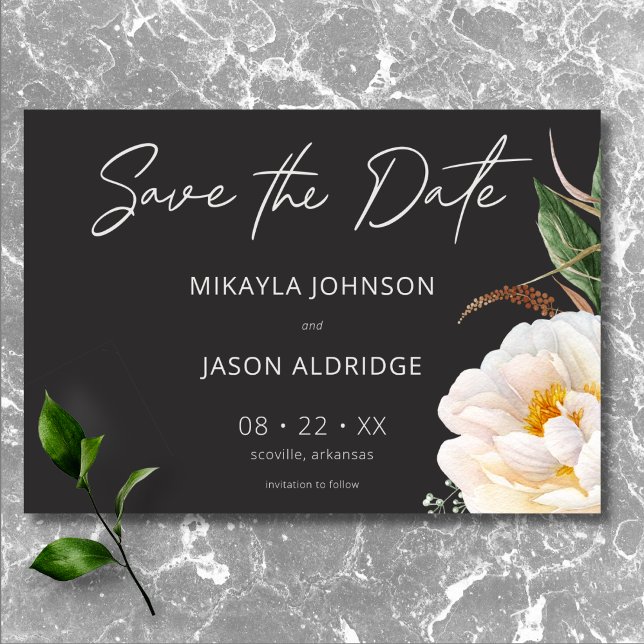 Moderne, elegante weiße Ponys auf der Schwarzen Ho Save The Date (Modern Elegant White Peonies on Black Wedding Save The Date)