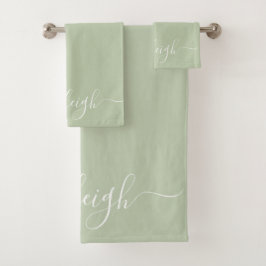 Moderne elegante weiße Skriptbezeichnung Sage Gree Badhandtuch Set