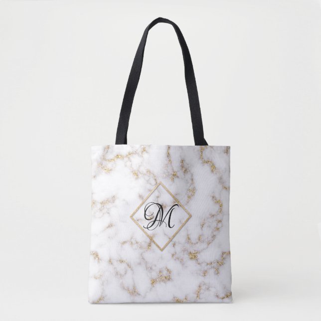 Moderne elegante White-Gold-Marmor-Monogram-Tote-T (Vorderseite)