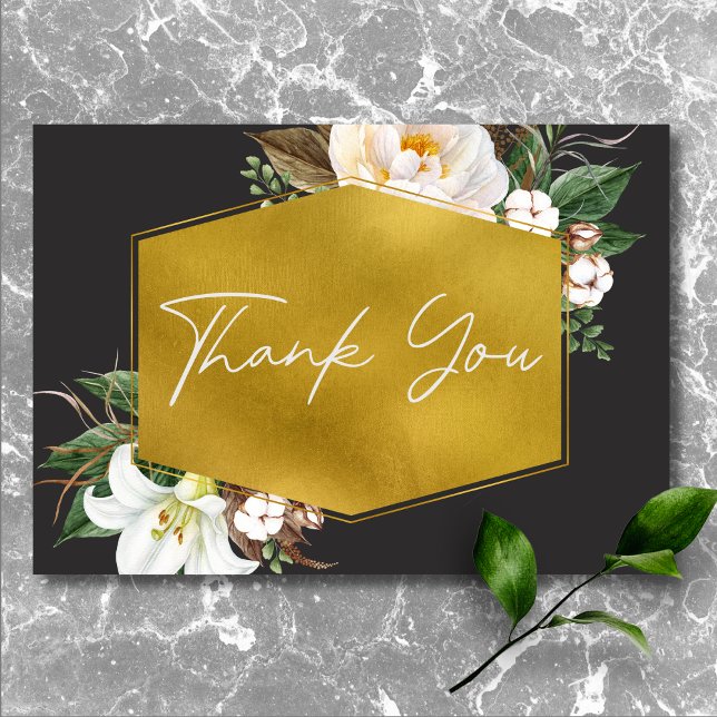 Moderne elegante White Peonies Black Wedding Dankeskarte (Modern Elegant White Peonies Black Wedding Thank You Card)