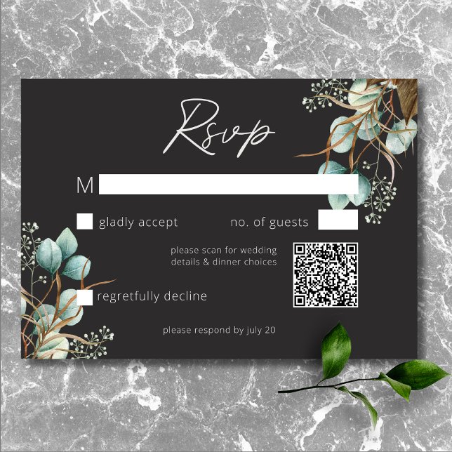 Moderne elegante White Peonies Black Wedding QR Co RSVP Karte (Modern Elegant White Peonies Black Wedding QR Code RSVP Card)