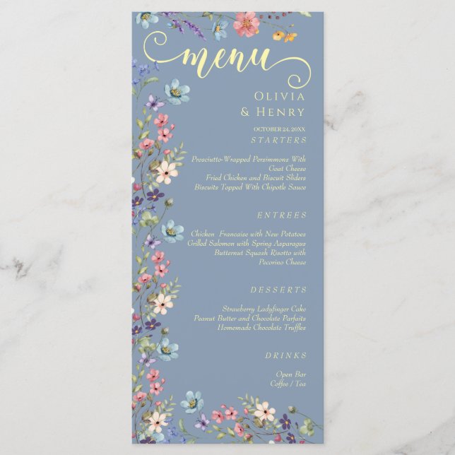 Moderne elegante Wildblumen Dusty Blue Wedding Menükarte