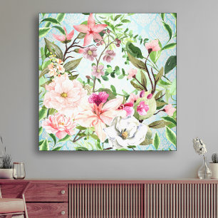 Moderne, elegante Wildblumen im Damast-Hintergrund Leinwanddruck