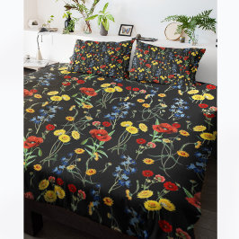 Moderne elegante Wildblumen Poppy Daisy Black Kissenbezug