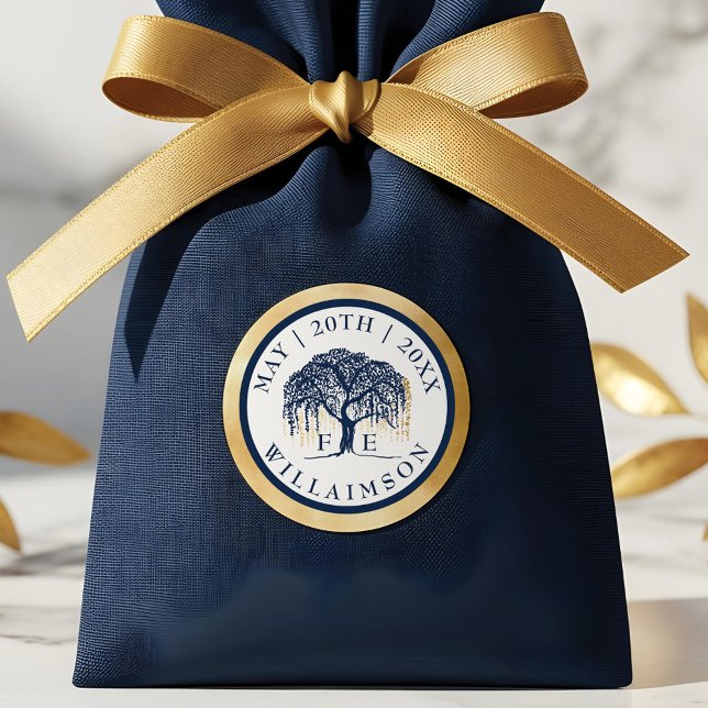 Moderne Elegante Willow Tree Navy Blue Gold Hochze Runder Aufkleber (Modern Elegant Willow Tree Navy Blue Gold Wedding Classic Round Sticker)
