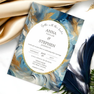 Moderne Eleganz: Blue White Gold Wedding Einladung