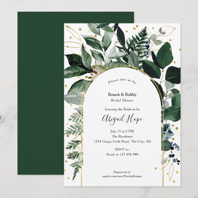 Moderne Eleganz botanischer Brunch und Bubbly Einladung (Vorne/Hinten)