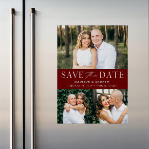 Moderne Eleganz Burgunder Drei Fotos Save the Date Magneteinladung