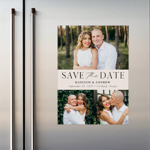 Moderne Eleganz Creme Drei Fotos Save the Date Magneteinladung
