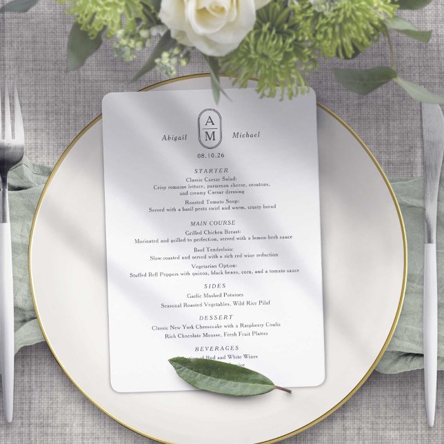 Moderne Eleganz, einfache Bogeninitialen Hochzeit Menükarte (Von Creator hochgeladen)
