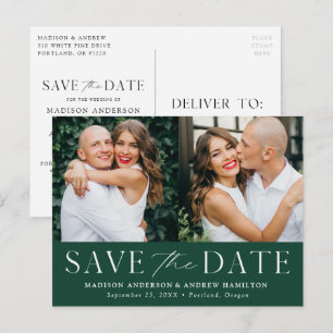 Moderne Eleganz Grüne Zwei-Fotos-Save-the-Date-Kar Ankündigungspostkarte
