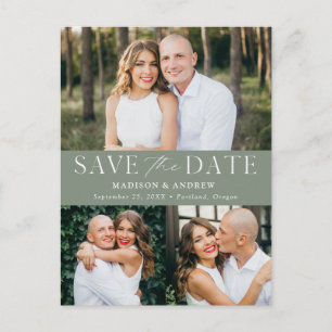 Moderne Eleganz Salbeigrün 3 Foto Save-the-Date Ankündigungspostkarte
