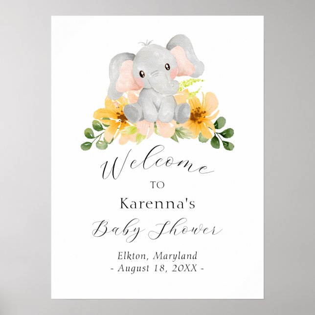 Moderne Elephant Floral Baby Dusche Willkommen Poster (Vorne)
