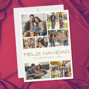 Moderne Elfenbein-7-Foto-Collage Feliz Navidad Feiertagskarte