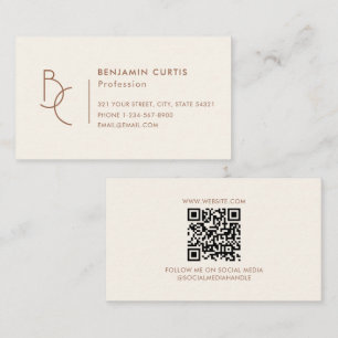Moderne Elfenbein-Braun-Monogramm-Minimalist- QR-C Visitenkarte