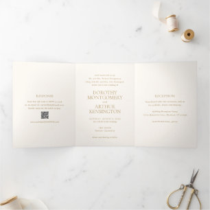 Moderne Elfenbein- und Gold-QR-Code elegante Hochz Dreifach Gefaltete Einladung