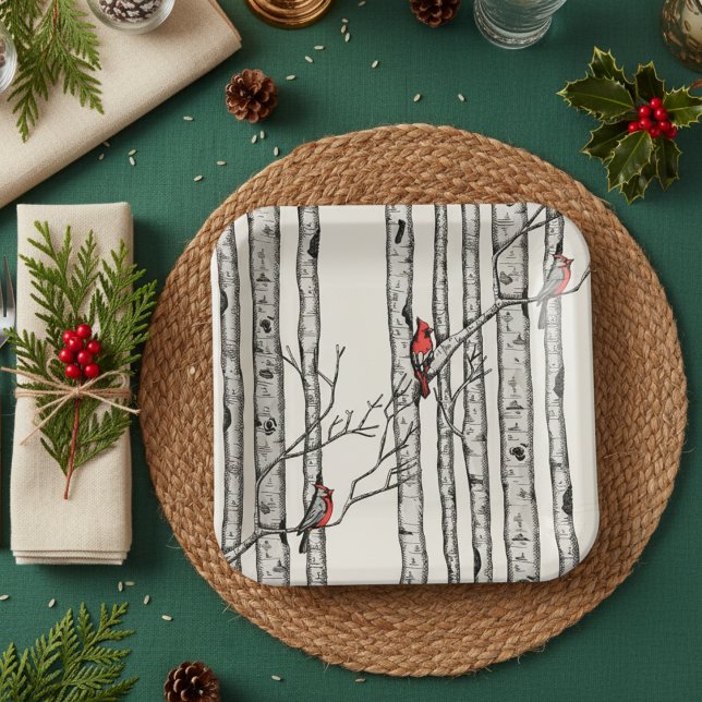 Moderne Elfenbeinbäume und Rote Kardinal Pappteller (Modern Red Cardinal & Birch Tree Winter Paper Plates. Simple Elegant Birch Trees for Christmas Party)