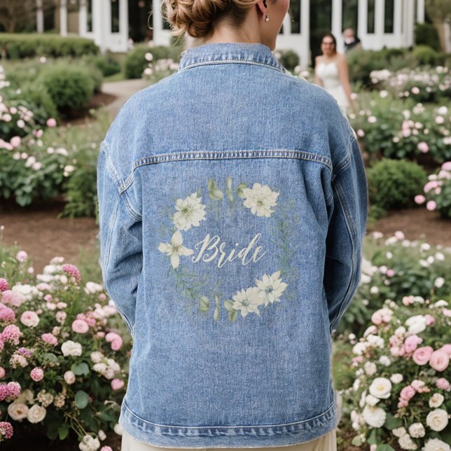 Moderne Elfenbeinblutschrift Personalisierte Bridg Jeansjacke (Floral Bride Denim Jean Jacket)