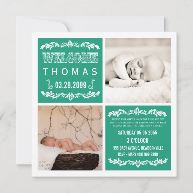 Moderne Emerald Baby Sip & See Party Foto Cards Einladung (Vorderseite)