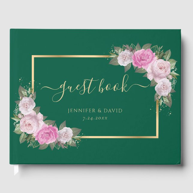 Moderne Emerald Green Gold Blush Floral Wedding Gästebuch (Vorderseite)