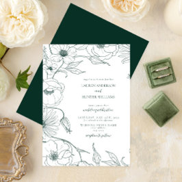Moderne Emerald Green Line Art Floral Wedding Einladung