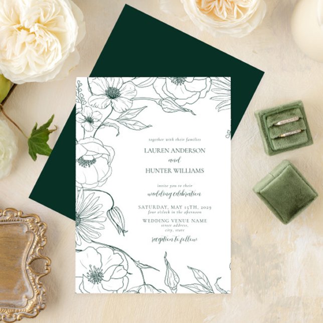 Moderne Emerald Green Line Art Floral Wedding Einladung (Von Creator hochgeladen)
