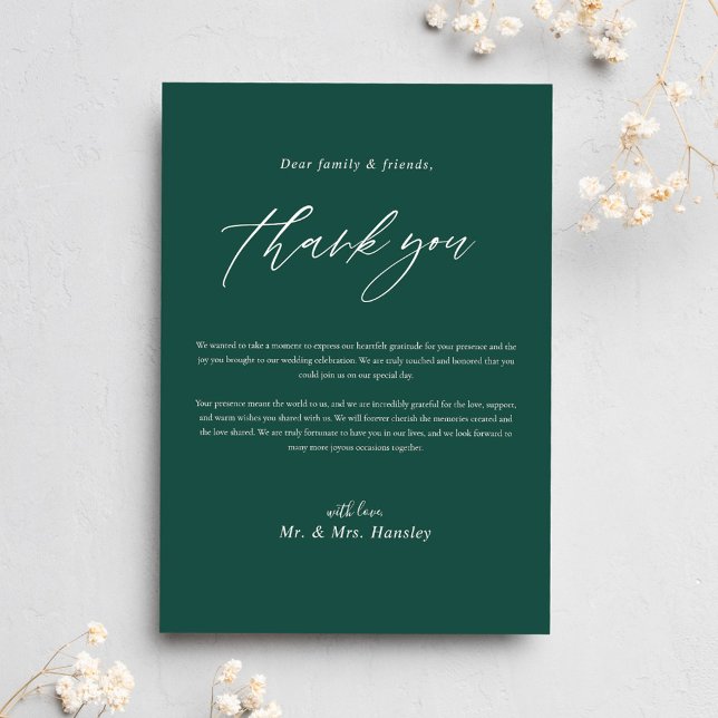 Moderne Emerald Green Minimal Calligrafy Wedding Dankeskarte (Modern Emerald Green Minimal Calligraphy Wedding Thank You Card)