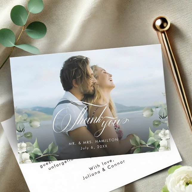 Moderne Emerald Greenery Foto Wedding Dankeskarte (Von Creator hochgeladen)
