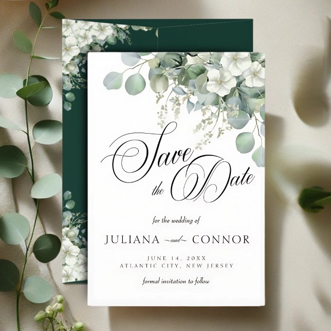 Moderne Emerald Greenery Save the Date Card (Von Creator hochgeladen)