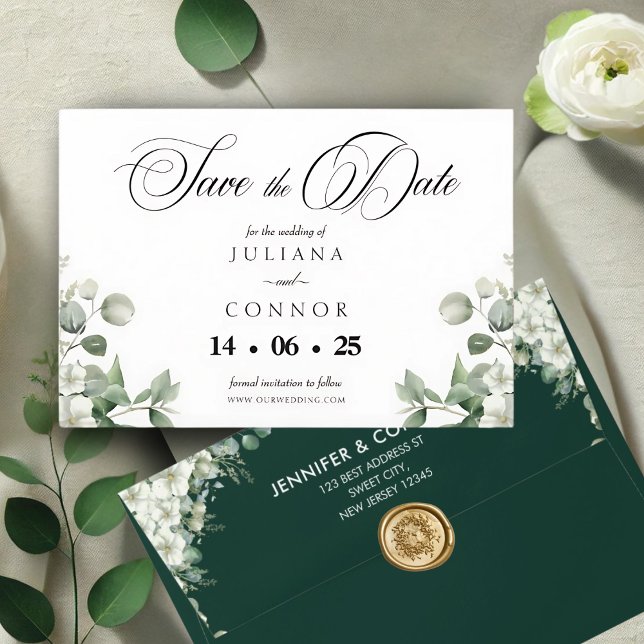 Moderne Emerald Greenery Save the Date Card (Von Creator hochgeladen)