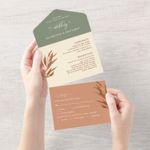 Moderne Erdtöne-Hochzeit mit perforierter RSVP-Kar All In One Einladung