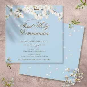 Moderne erste heilige Kommunion Blue White Blossom Einladung