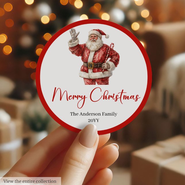 Moderne Etikettenaufklebergestaltung im Weihnachts Runder Aufkleber (Modern Santa Claus Holiday Label Sticker Design)