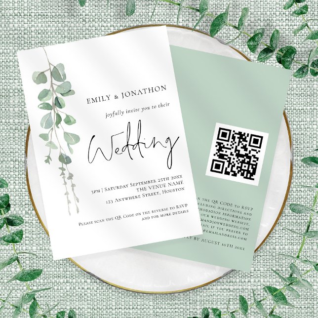Moderne Eucalyptus Elegante Script QR Code Hochzei Einladung (Front and back view)
