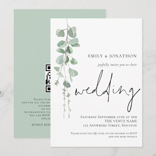 Moderne Eucalyptus Script QR Code Hochzeit Einladung (Vorne/Hinten)