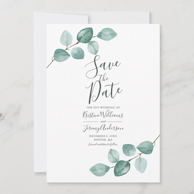 Moderne Eucalyptus Watercolor Gold Script Wedding  Save The Date (Vorderseite)