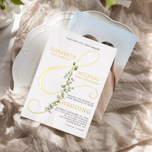 Moderne Eucalytpus Ampersand Foto Wedding Gold Folieneinladung (Von Creator hochgeladen)