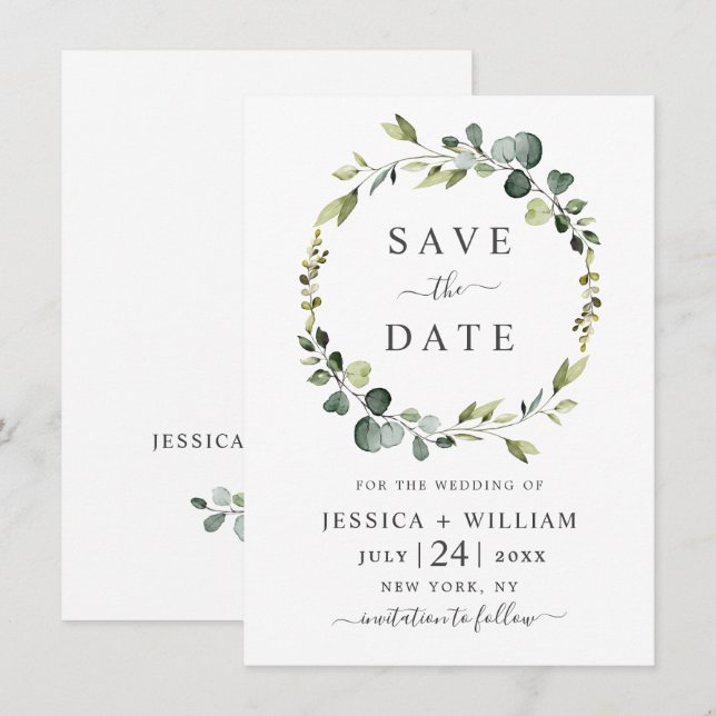 Moderne Eukalyptus-Bläserrahmen Save The Date (Vorne/Hinten)