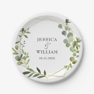 Moderne Eukalyptus-Blatt Geometric Frame Hochzeit Pappteller