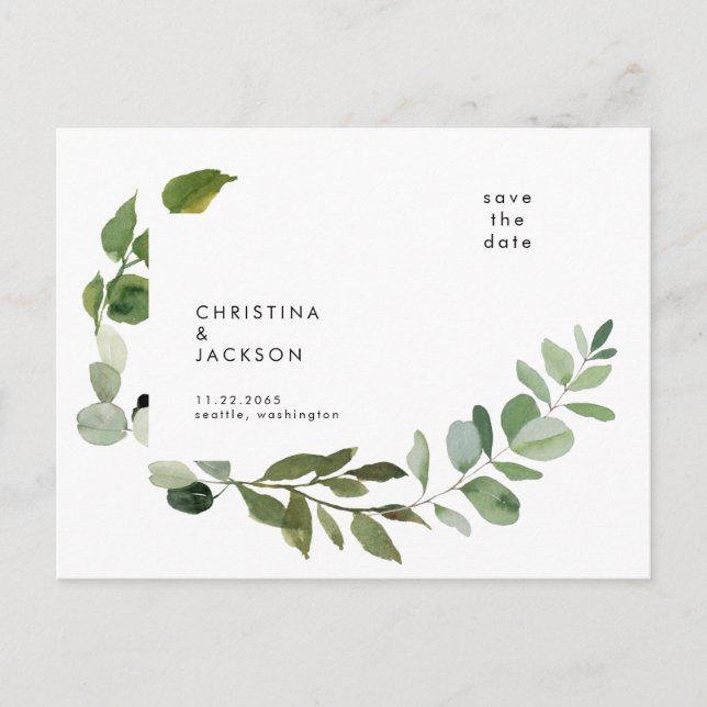 Moderne Eukalyptus-Botanische Hochzeit Sichern Sie Postkarte (Vorderseite)