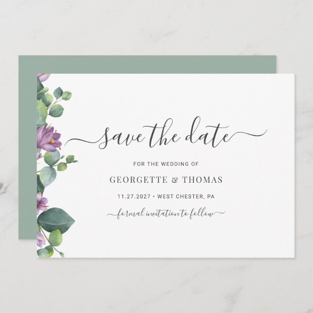 Moderne Eukalyptus Botanische Schrift Save The Date (Vorne/Hinten)