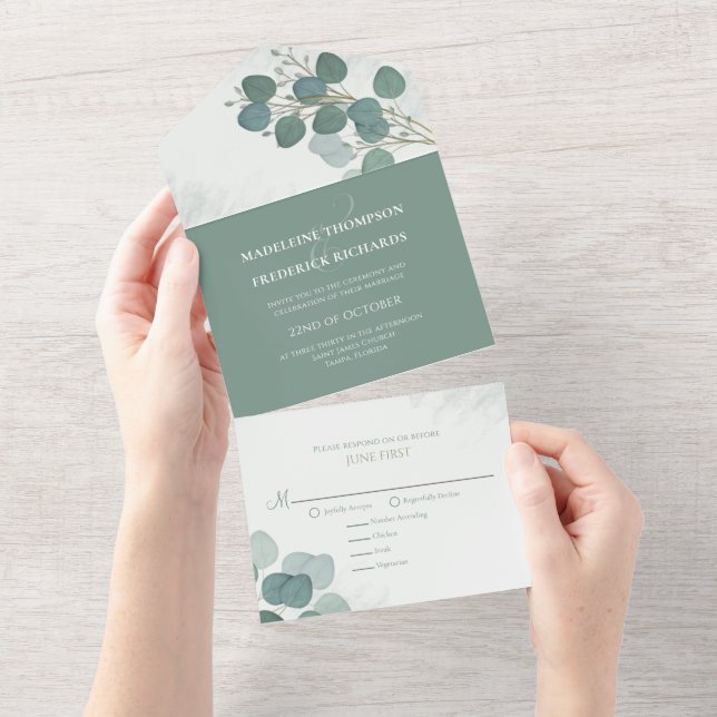 Moderne Eukalyptus Elegante Rustikale botanische B All In One Einladung (Abreißen)