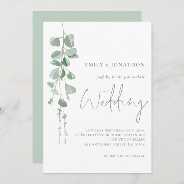 Moderne Eukalyptus Elegante Sage Script Wedding Einladung (Vorne/Hinten)