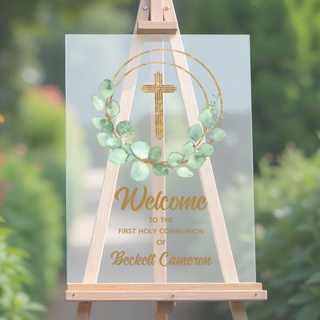 Moderne Eukalyptus Erste Kommune Willkommen Acrylschild (Modern eucalyptus First Communion party Welcome acrylic sign)